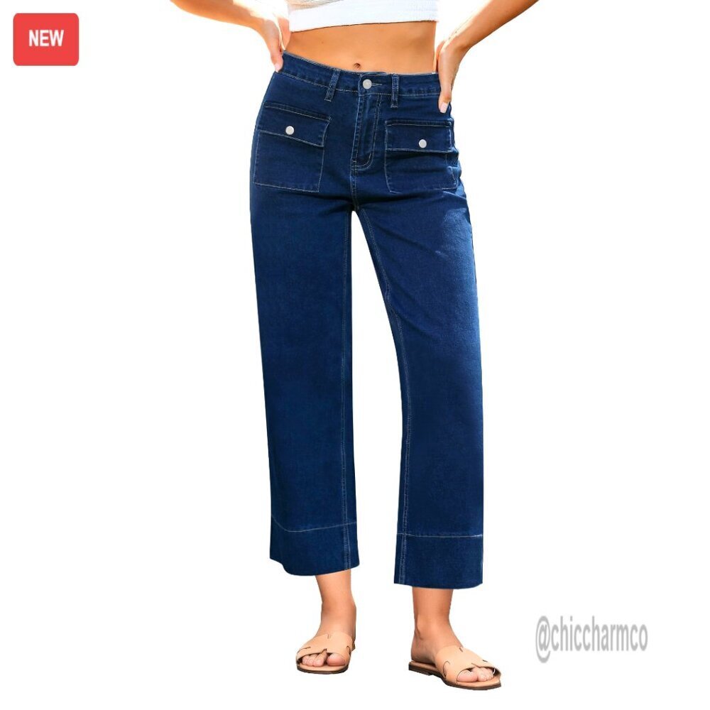 High Waisted Wide Leg Cropped Jeans Stretchy Denim Retro Patch Pockets